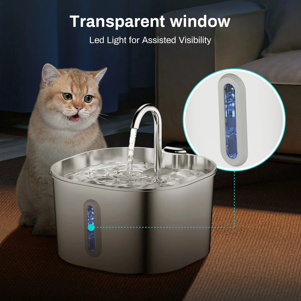 Zyfeeder 2.2L Automatic Cat Water Fountain Square Stainless Steel Pet Water Feeder Dog Water Fountain with Window（No 5V 1A Plug）
